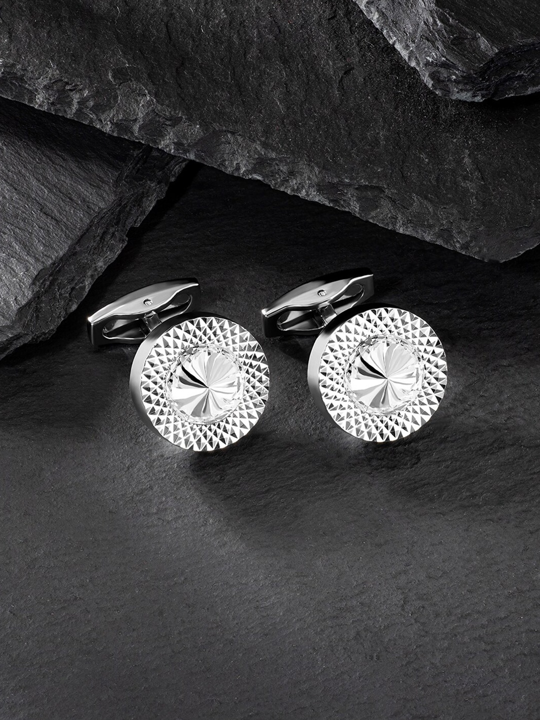 

Peora Silver-Plated Stainless Steel Embellished Round Cufflink