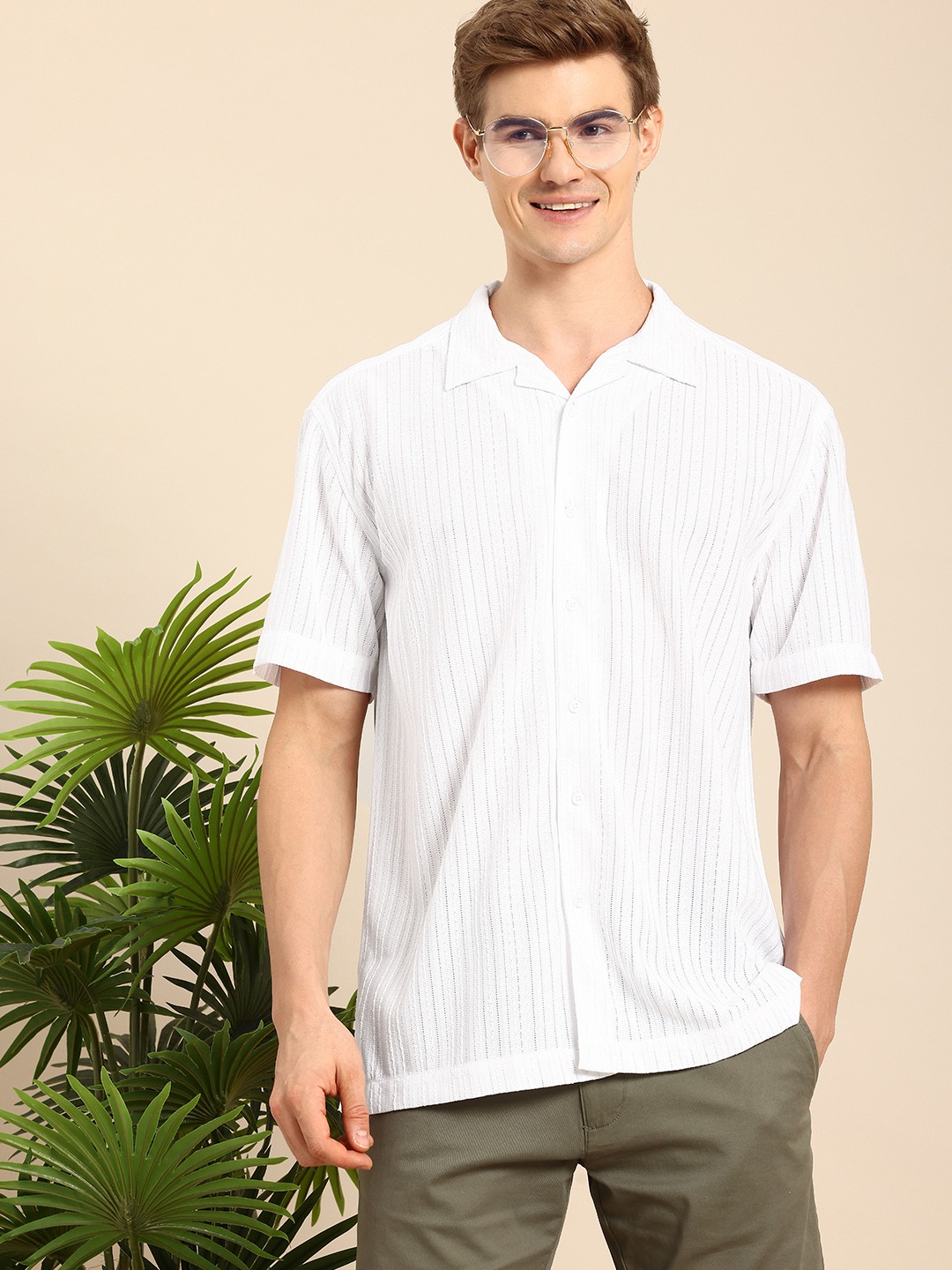 

Mast & Harbour Semi Sheer Cuban Collar Relaxed Fit Casual Shirt, White