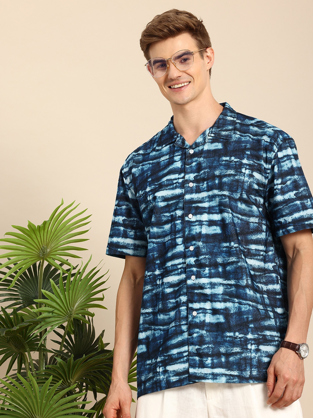Mast & Harbour Men Printed Cuban Collar Relaxed Fit Pure Cotton Casual Shirt, Blue