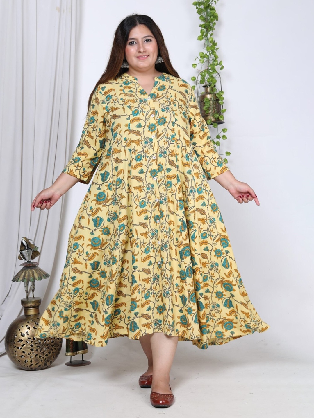 

KALINI Floral Print Mandarin Collar A-Line Midi Ethnic Dress, Yellow
