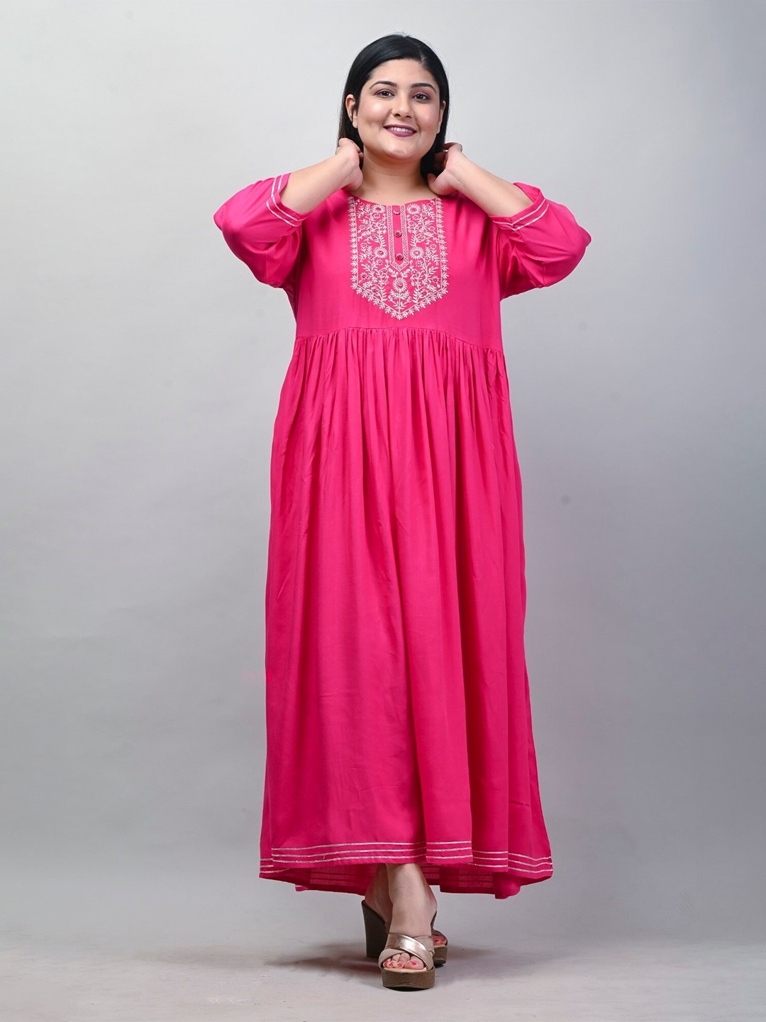 

KALINI Plus Size Floral Embroidered Yoke Design Mirror Work Fit & Flare Maxi Ethnic Dress, Pink