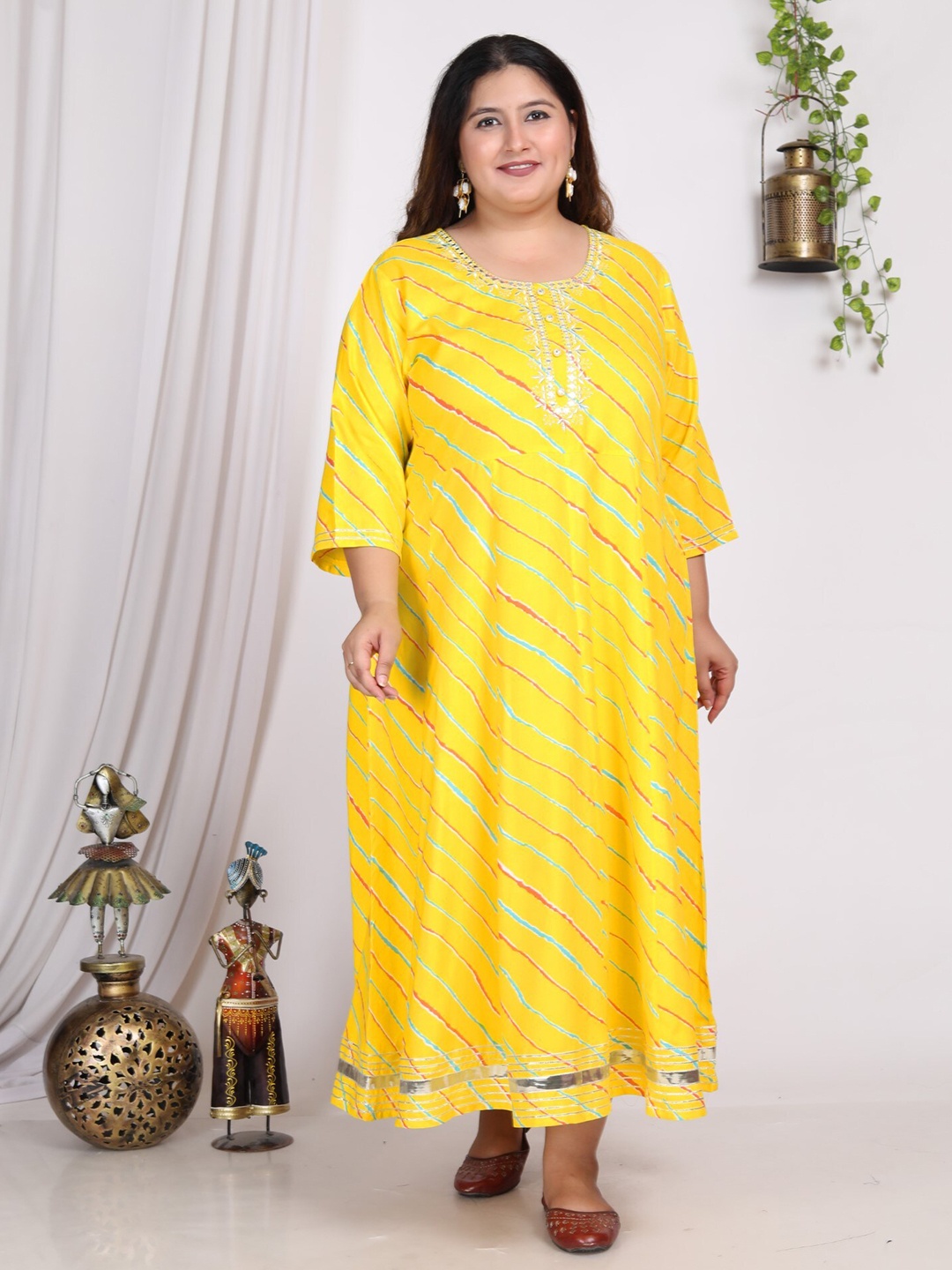 

KALINI Plus Size Striped Round Neck Maxi Ethnic Dress, Yellow