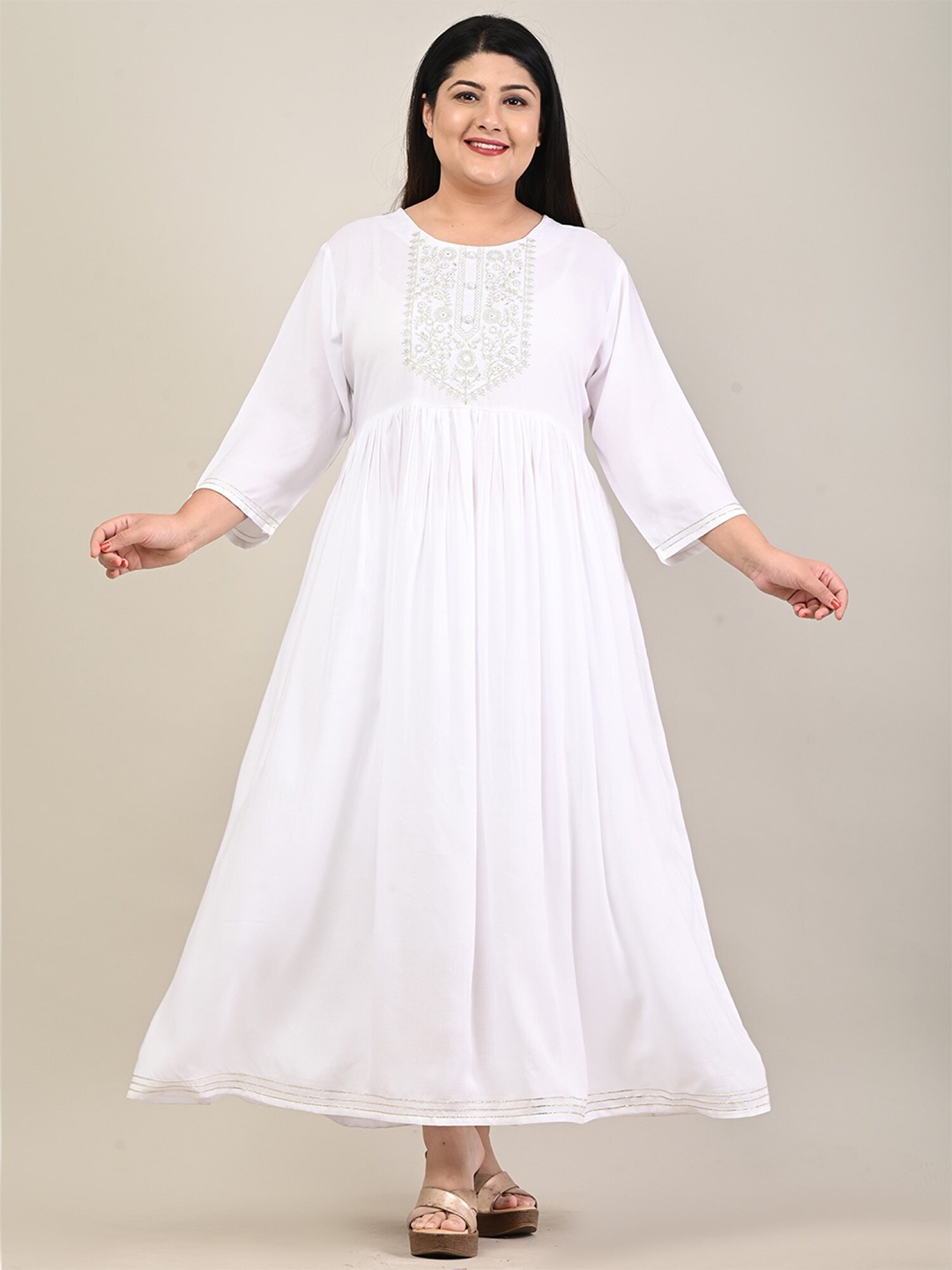 

KALINI Plus Size Floral Embroidered Yoke Design Mirror Work Fit & Flare Maxi Ethnic Dress, White