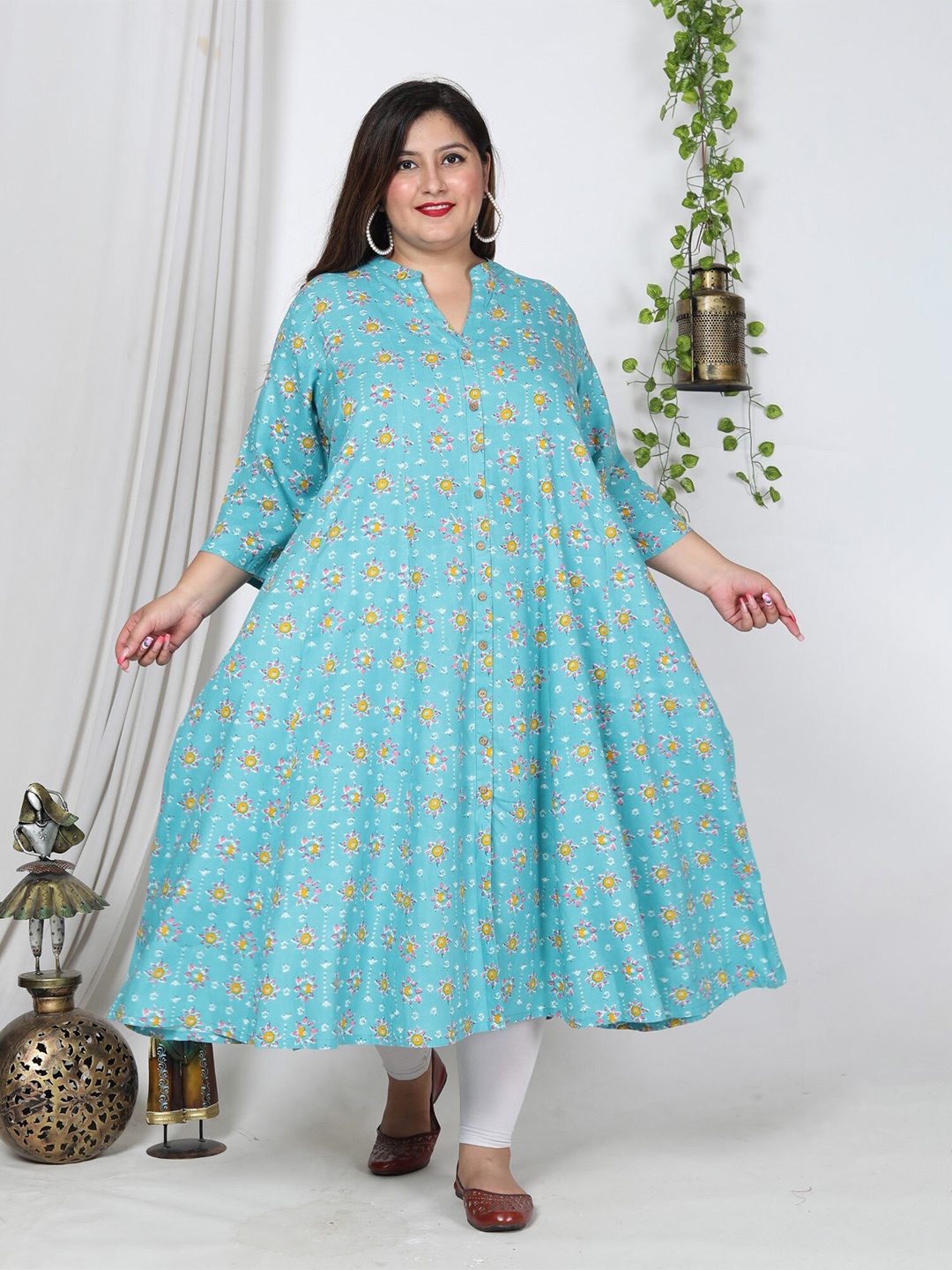 

KALINI Plus Size Ethnic Motifs Printed Panelled A-Line Kurta, Blue