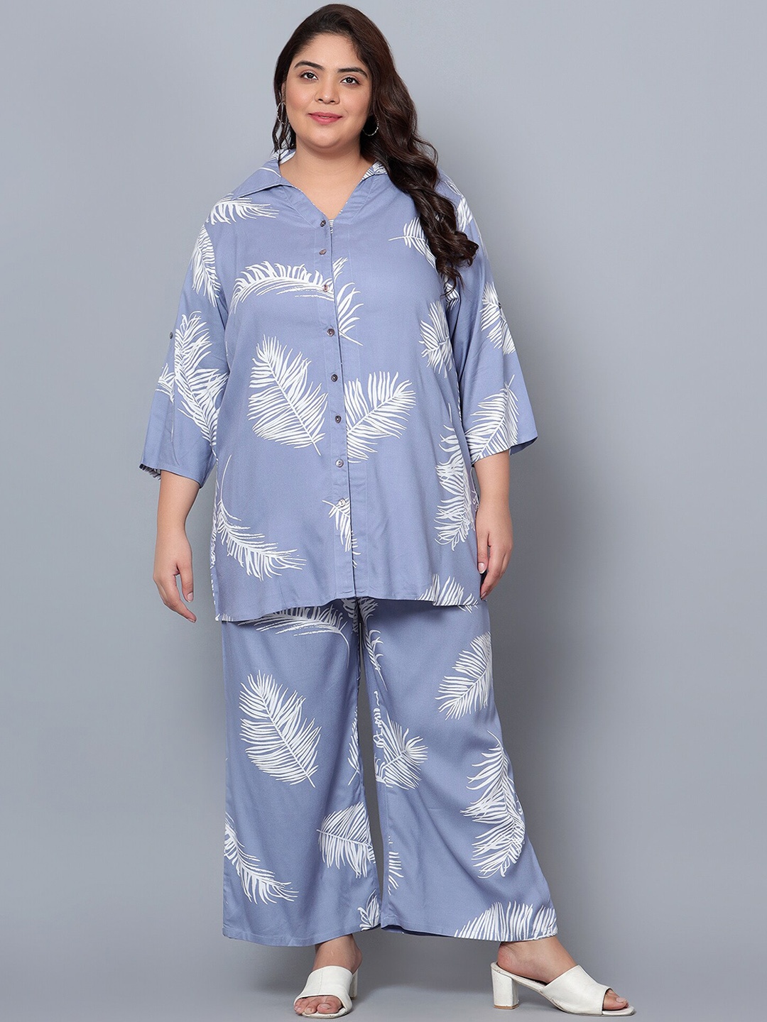 

Indietoga Plus Size Tropical Printed Longline Shirt With Palazzos, Blue