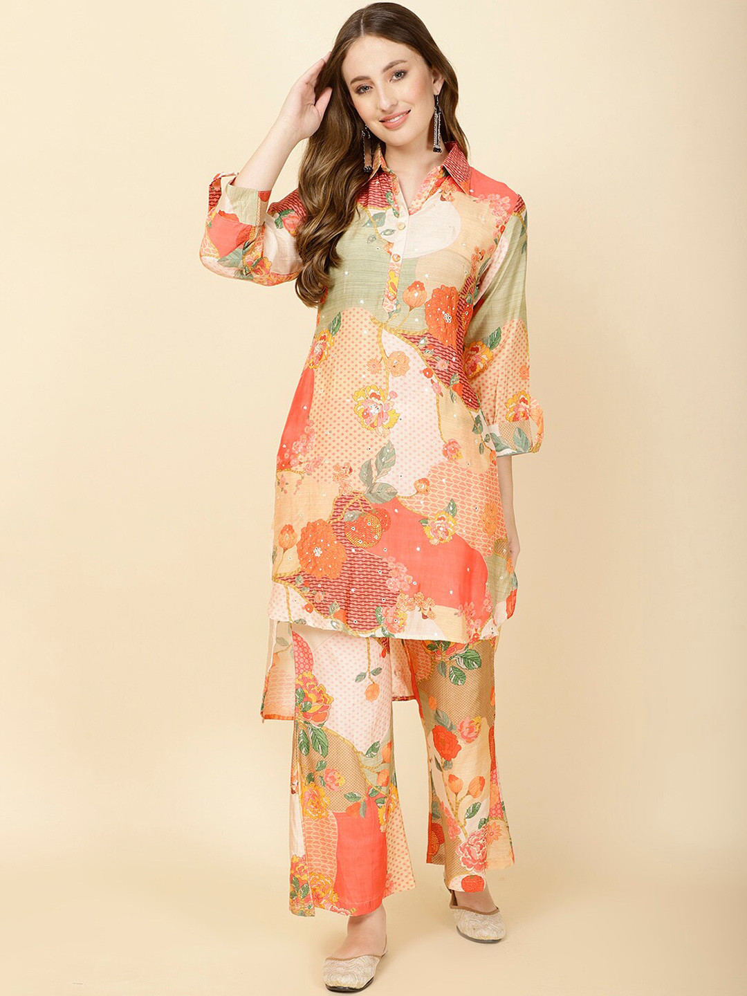 

Meena Bazaar Floral Printed Kurta With Palazzo, Peach