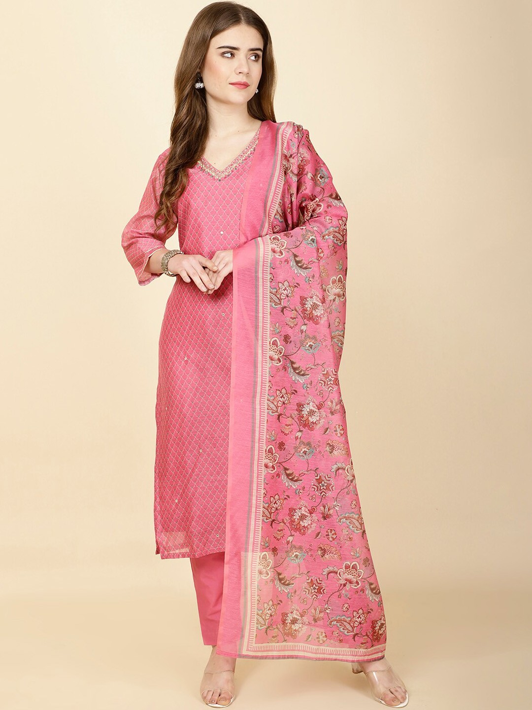 

Meena Bazaar Ethnic Motifs Printed V Neck Thread Work Kurta with Trousers & With Dupatta, Pink