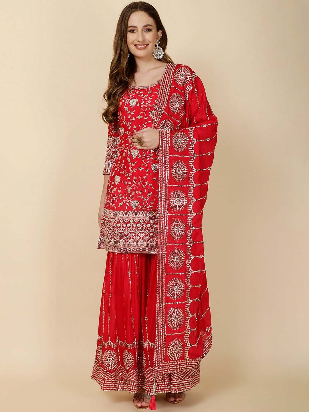 

Meena Bazaar Ethnic Motifs Embroidered Kurti with Sharara & Dupatta, Red