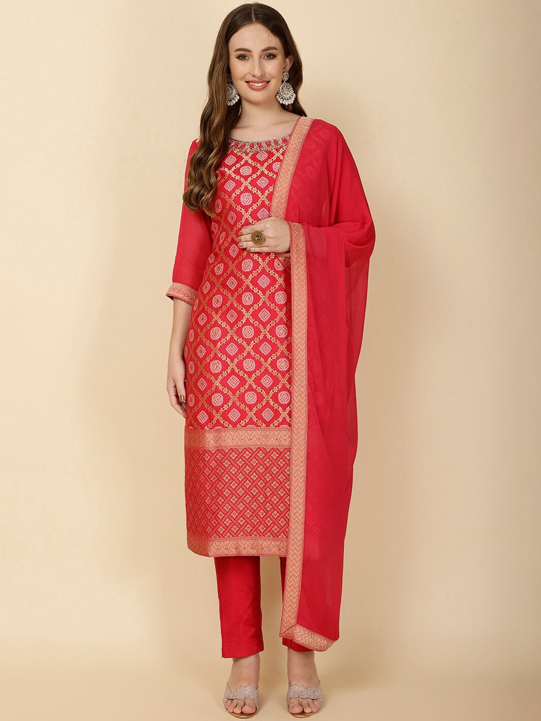 

Meena Bazaar Ethnic Motifs Woven Design Banarasi Kurta with Trousers & Dupatta, Red