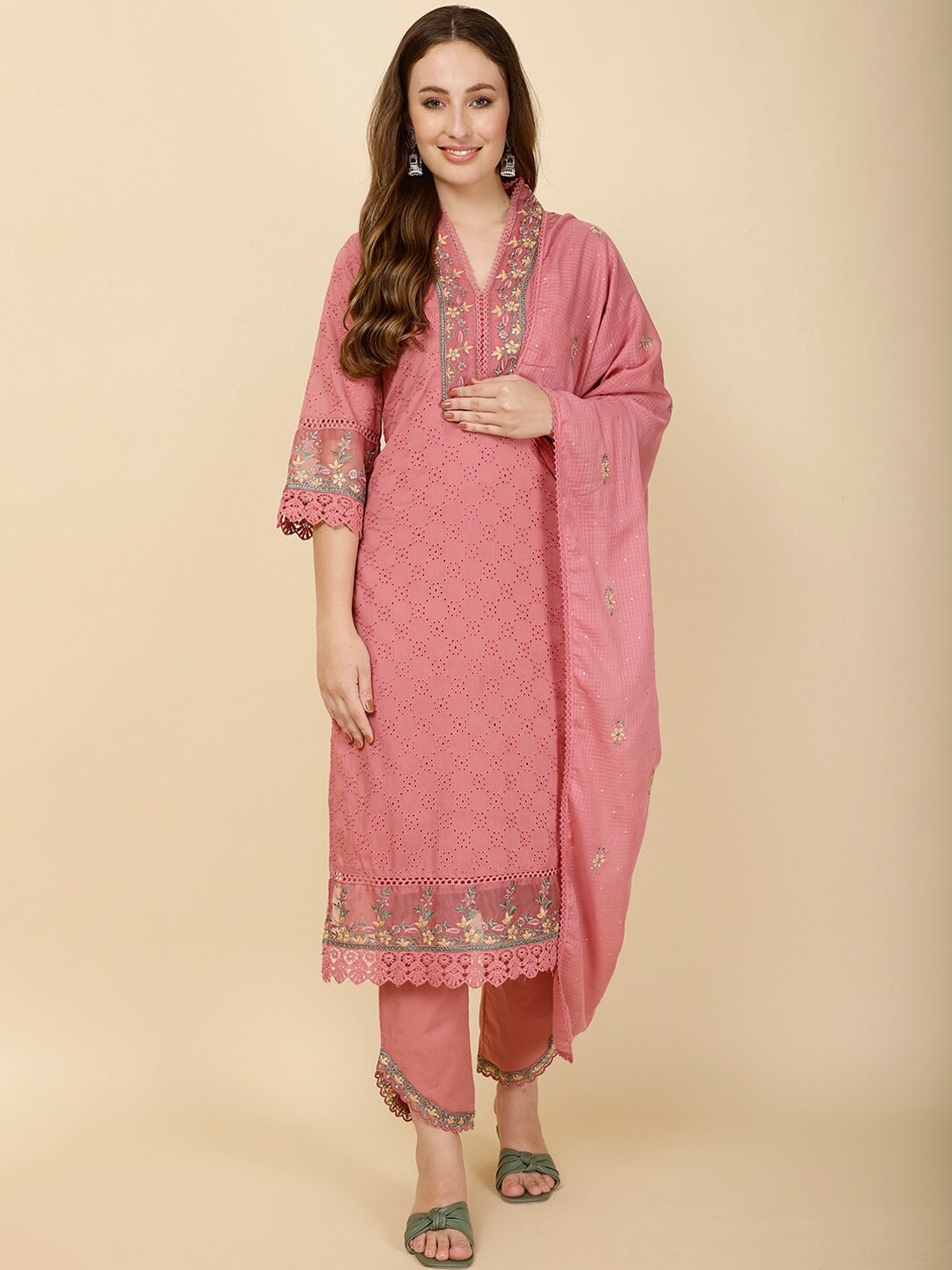 

Meena Bazaar Schiffli Ethnic Motifs Embroidered Cotton Kurta With Trouser & Dupatta, Pink