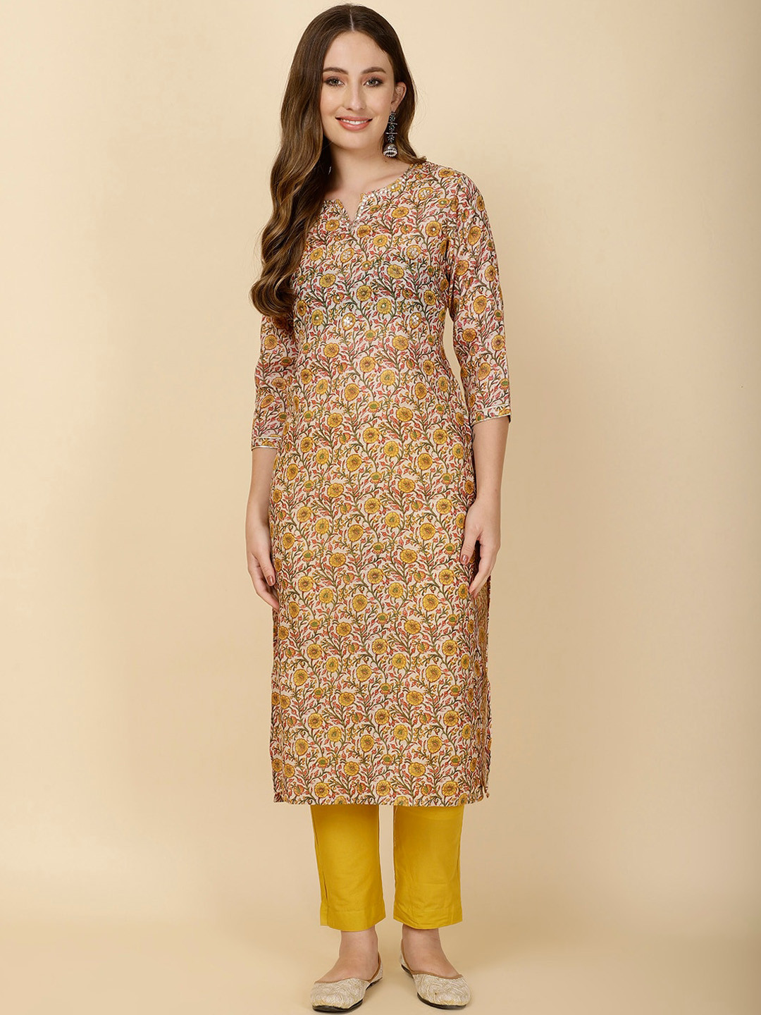 

Meena Bazaar Floral Printed Mirror Work Regular Kurta With Trousers, Yellow