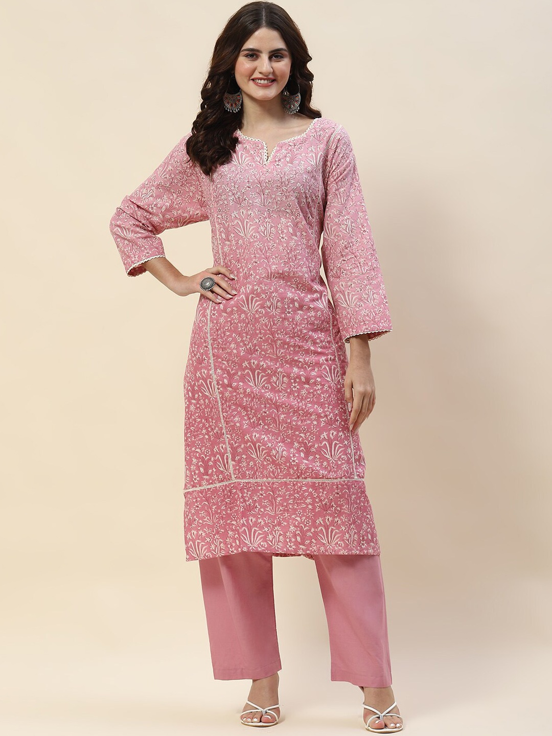

Meena Bazaar Floral Printed Cotton Straight Kurta Set, Pink