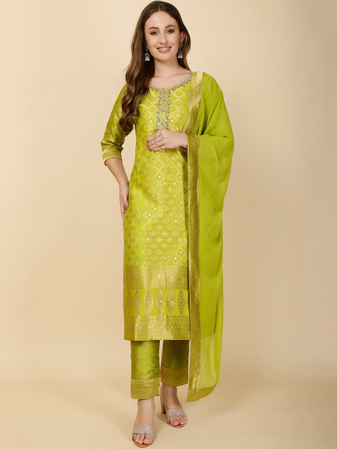 

Meena Bazaar Ethnic Motifs Woven Design Round Neck Kurta with Trousers & Dupatta, Lime green