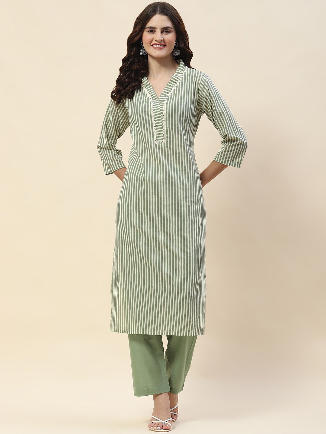 

Meena Bazaar Striped V-Neck Kurta with Trousers, Green