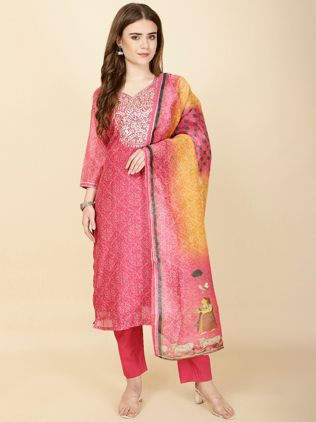 

Meena Bazaar Bandhani Printed Kurta With Trousers & Dupatta, Pink