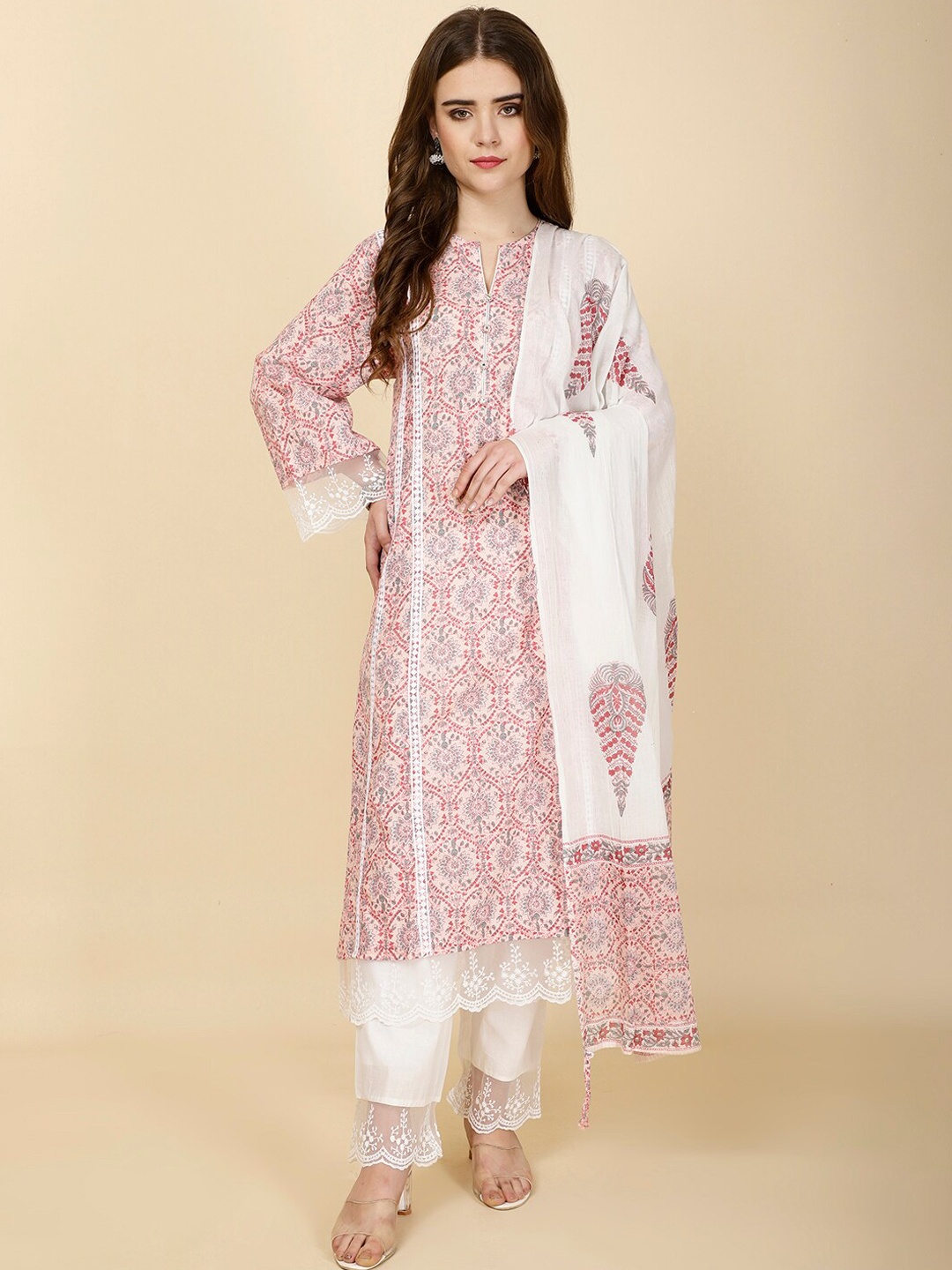 

Meena Bazaar Ethnic Motifs Printed Kurta with Trousers & Dupatta, Pink