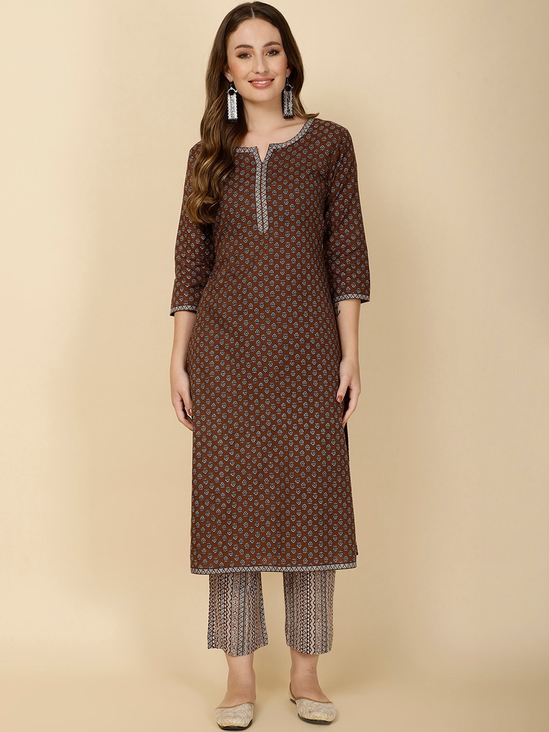 

Meena Bazaar Women Printed Regular Kurta with Trousers, Brown