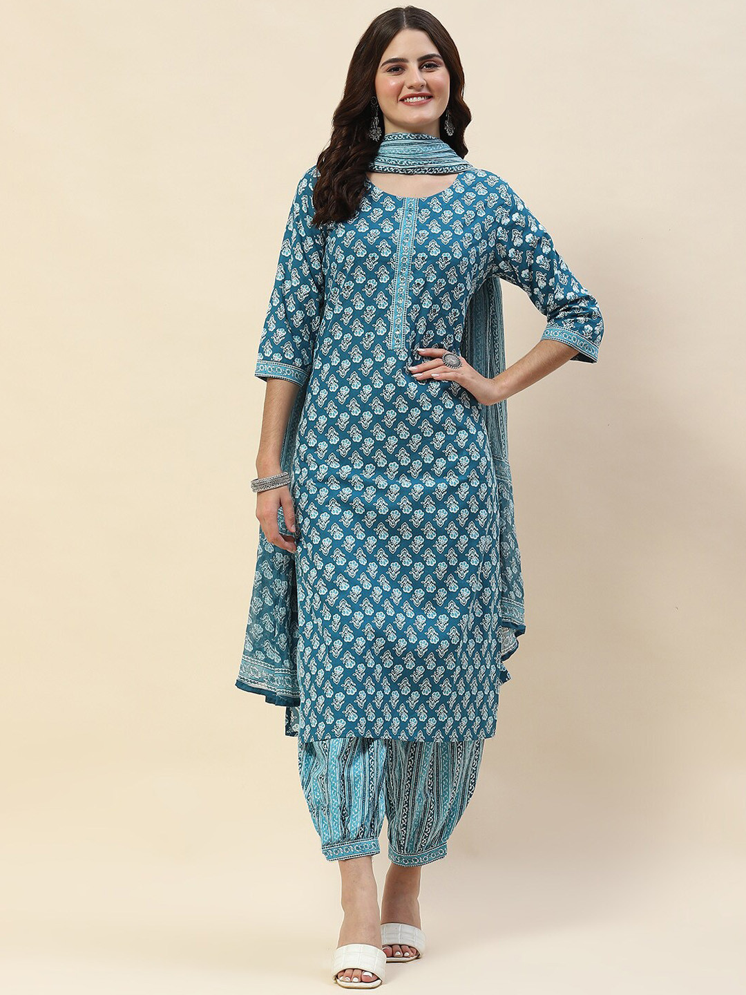 

Meena Bazaar Floral Printed Round Neck Kurta with Salwar & Dupatta, Blue