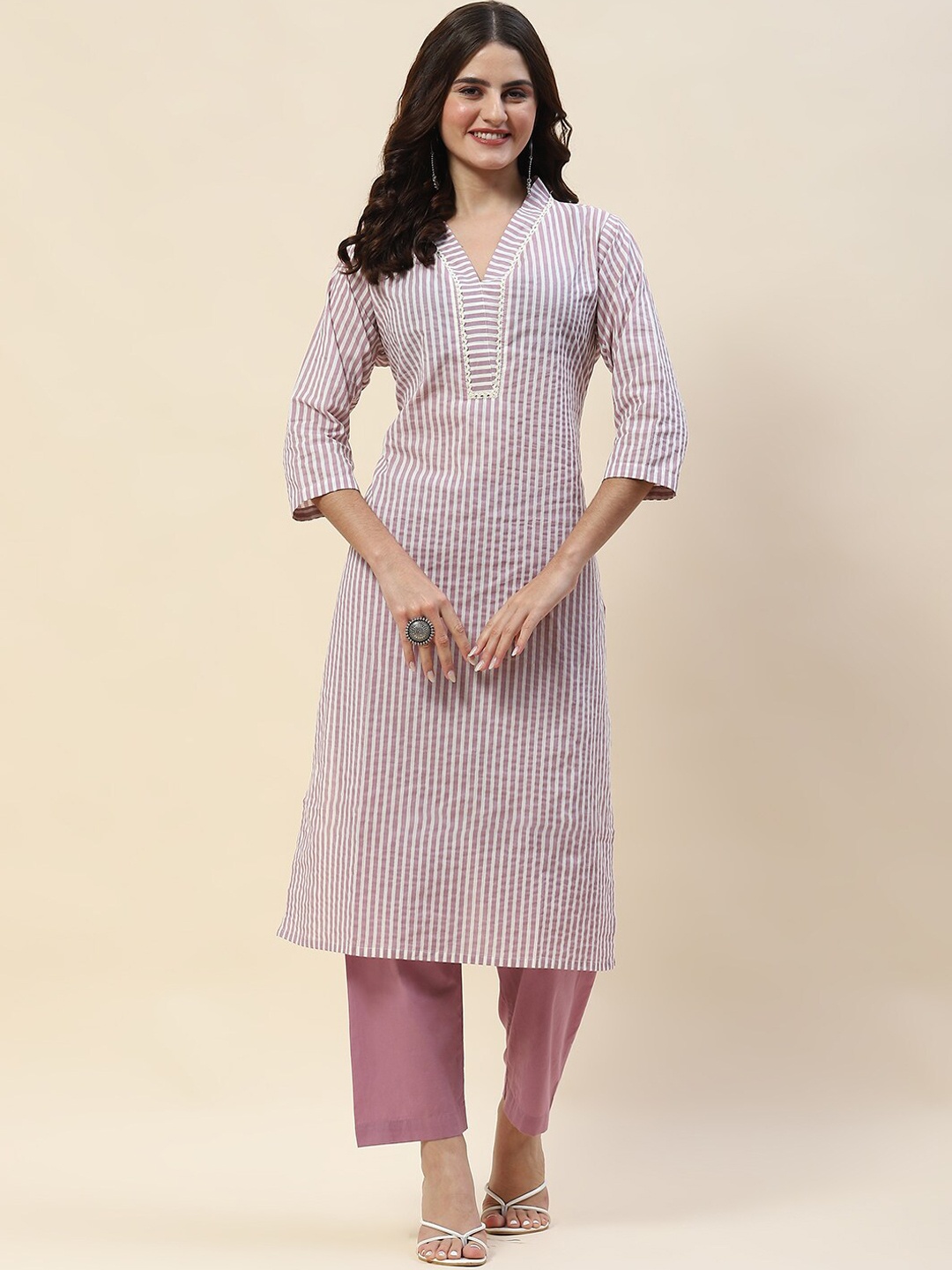 

Meena Bazaar Striped Kurta with Trousers, Lavender