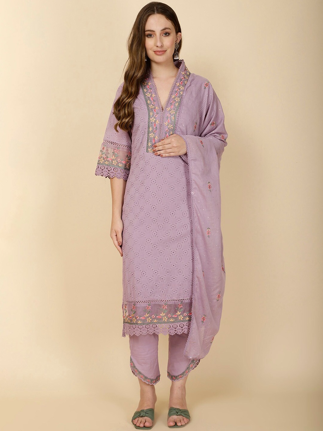 

Meena Bazaar Floral Schiffli Embroidered Lace Work Kurta & Trouser With Dupatta, Lavender