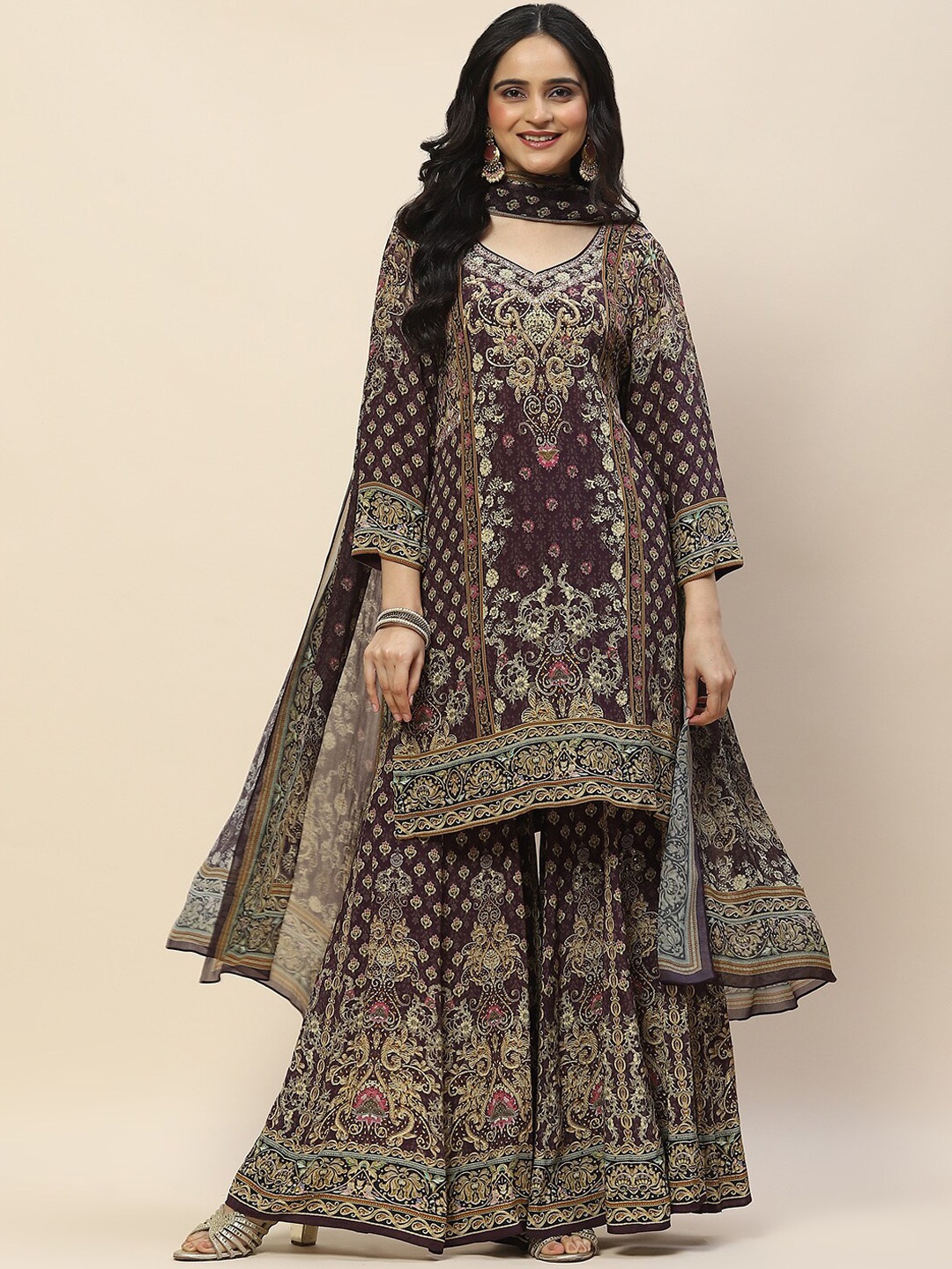 

Meena Bazaar Ethnic Motifs Printed Thread Work Kurta With Sharara & Dupatta, Brown