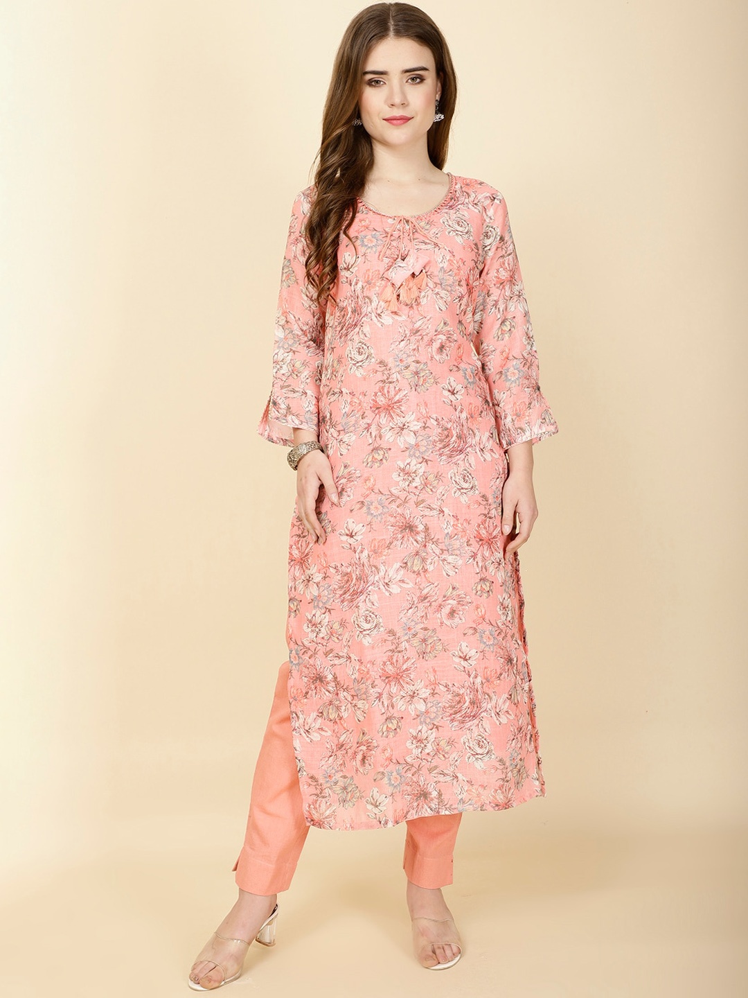 

Meena Bazaar Floral Print Gotta Patti Kurta With Trouser, Peach