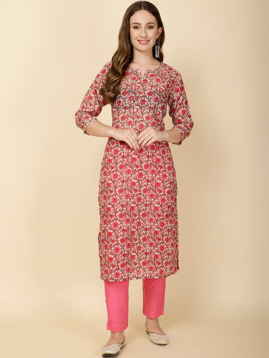 

Meena Bazaar Floral Printed Round Neck Three-Quarter Sleeves Straight Kurta with Trousers, Pink