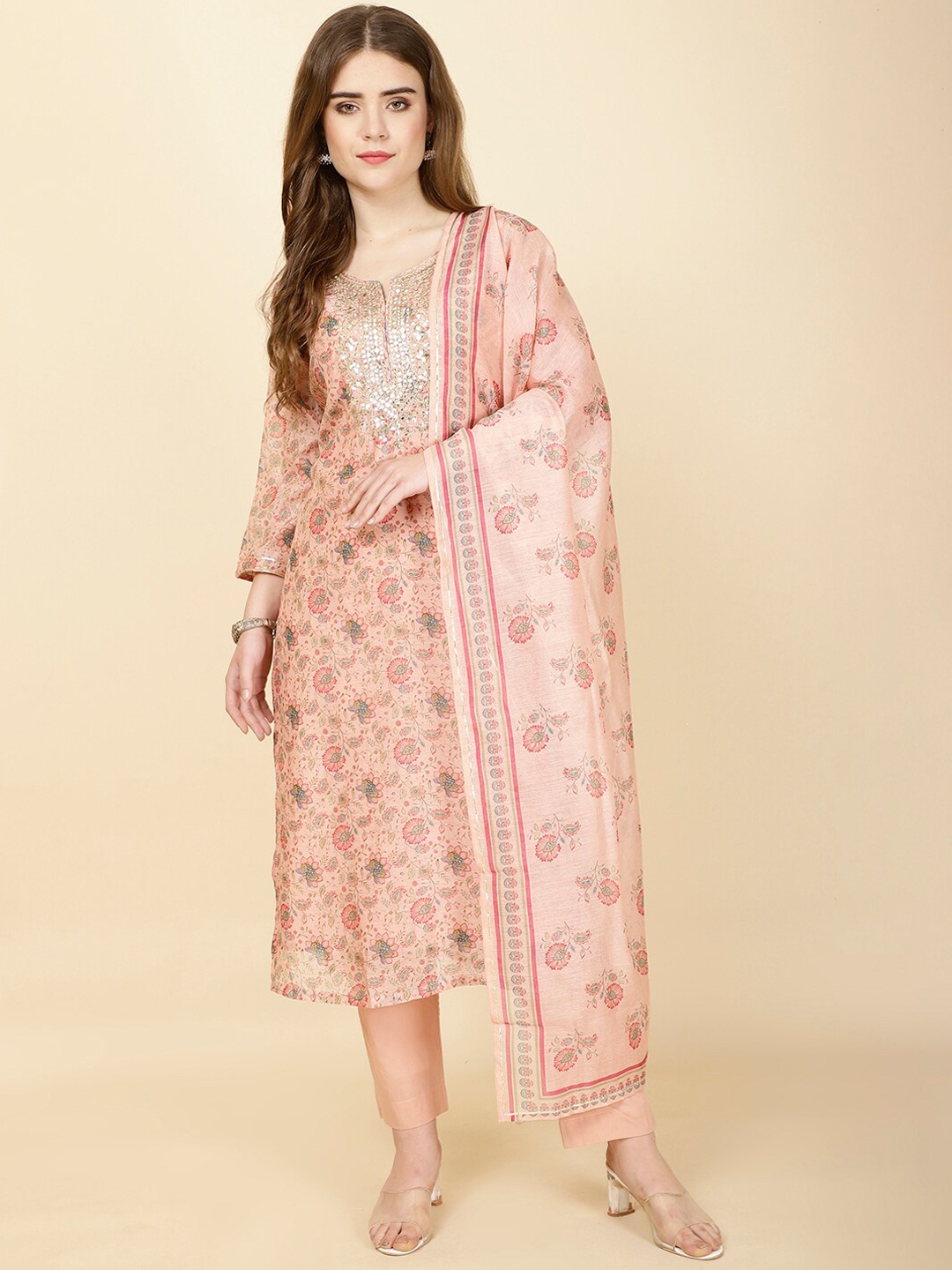 

Meena Bazaar Ethnic Motifs Printed Kurta With Trouser & Dupatta, Peach
