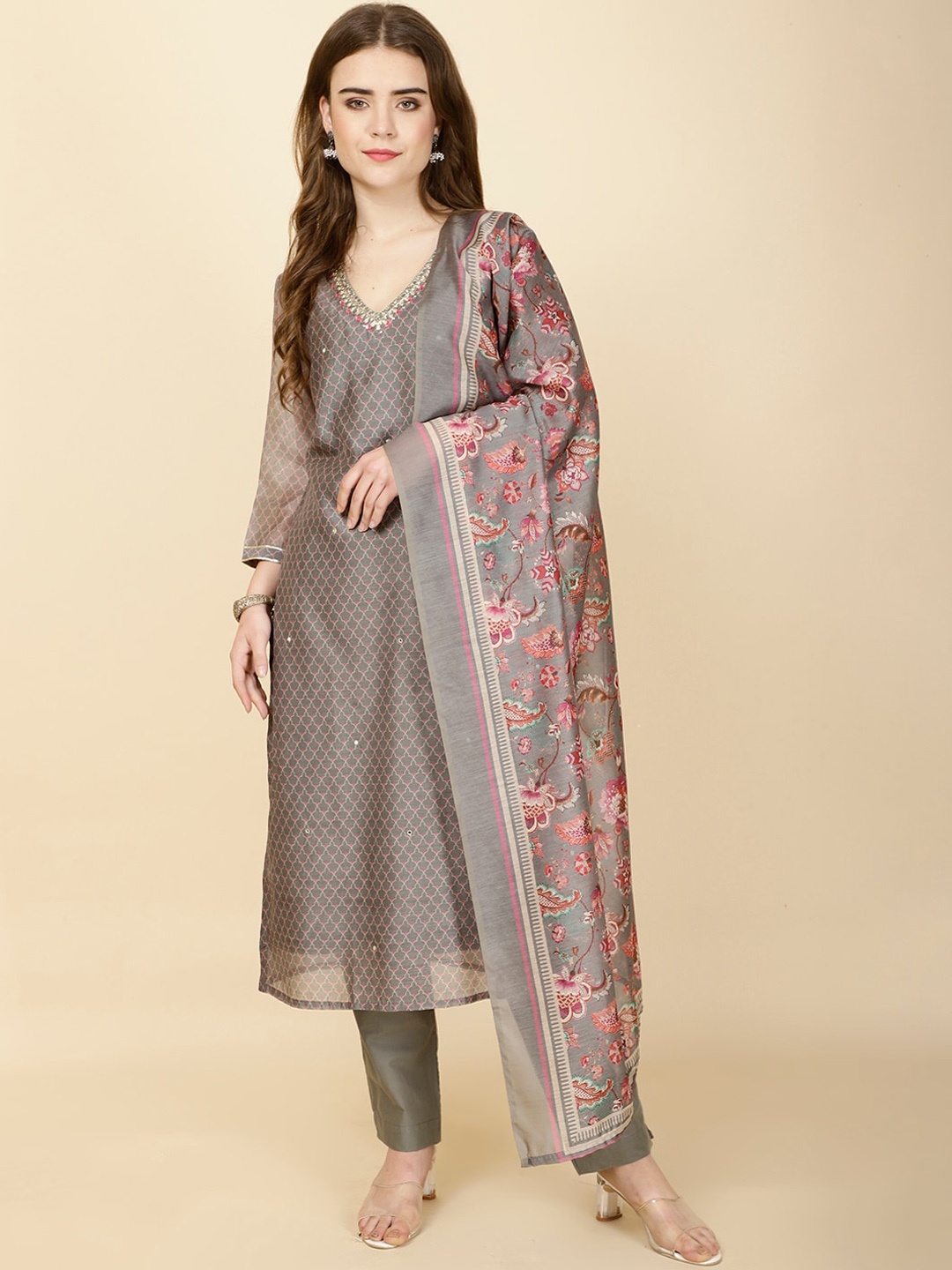 

Meena Bazaar Ethnic Motifs Printed Thread Work Straight Kurta with Trousers & Dupatta, Grey
