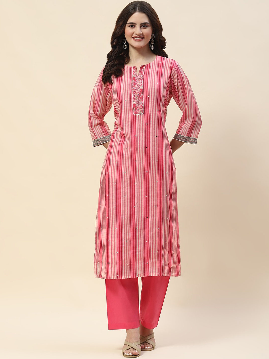 

Meena Bazaar Striped Chanderi Mirror Work Kurta With Trouser, Pink