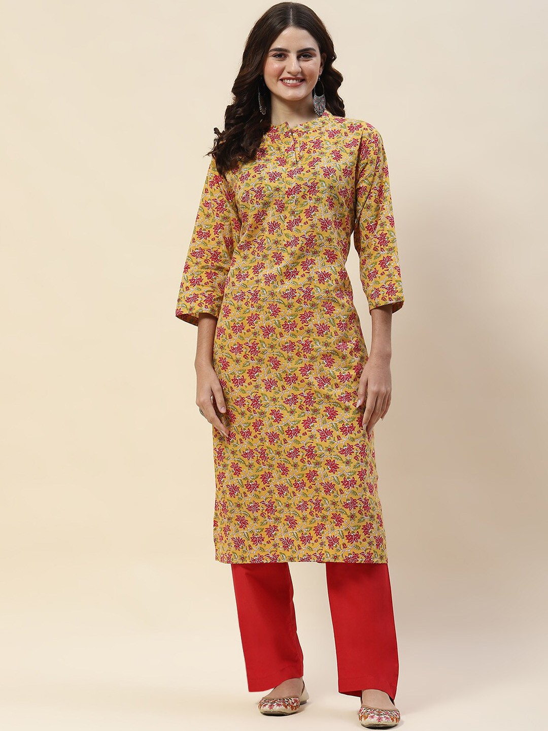 

Meena Bazaar Floral Printed Mandarin Collar Straight Kurta With Trouser, Mustard