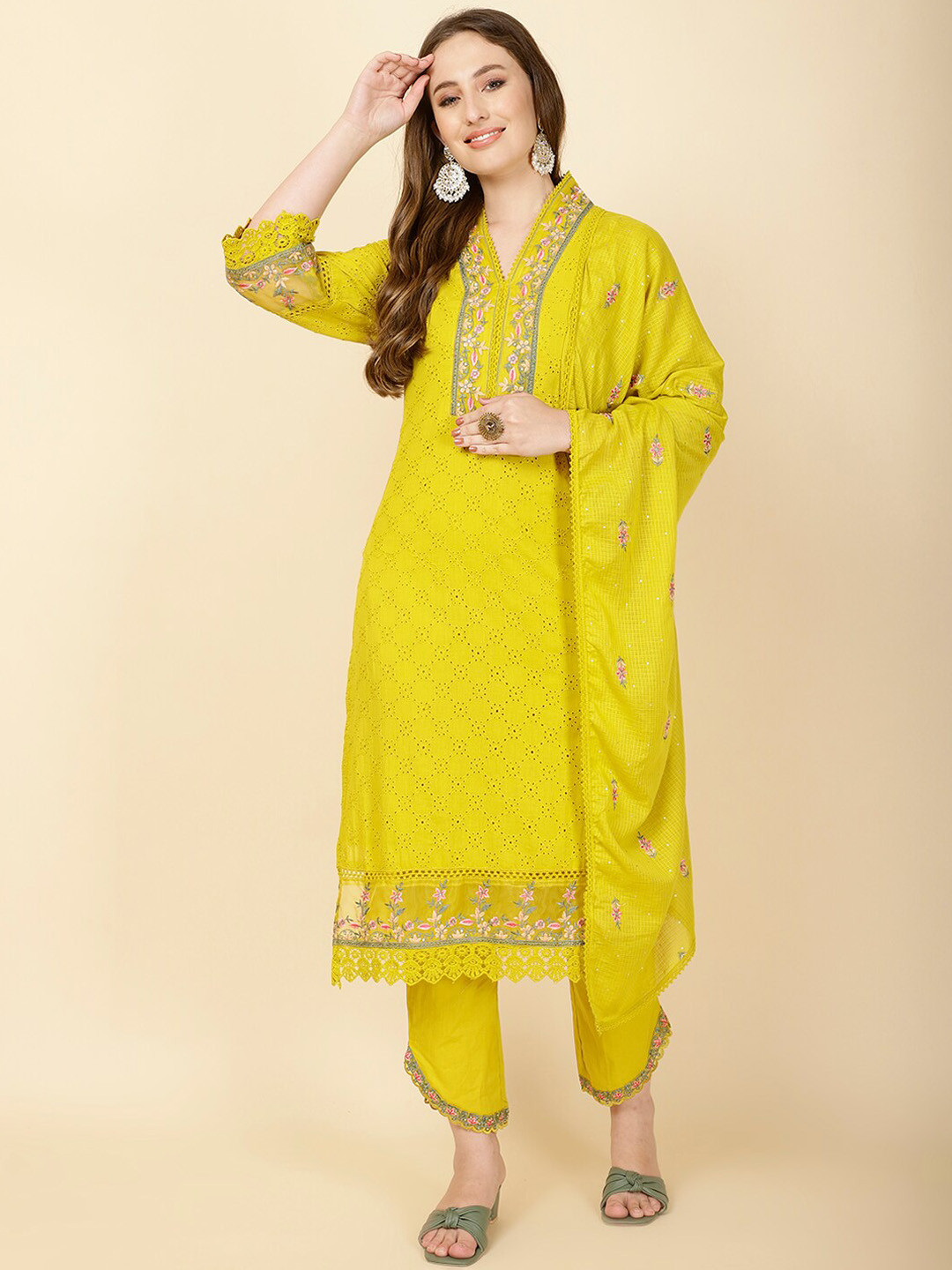 

Meena Bazaar Self Design Regular Thread Work Kurta With Trousers & Dupatta, Lime green