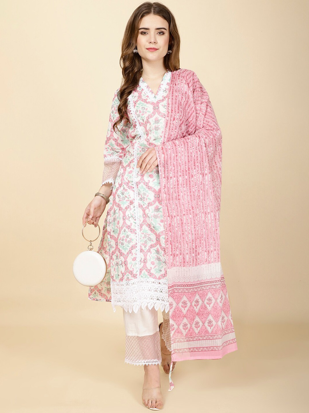 

Meena Bazaar Floral Printed V-Neck Kurta with Trousers & Dupatta, Cream