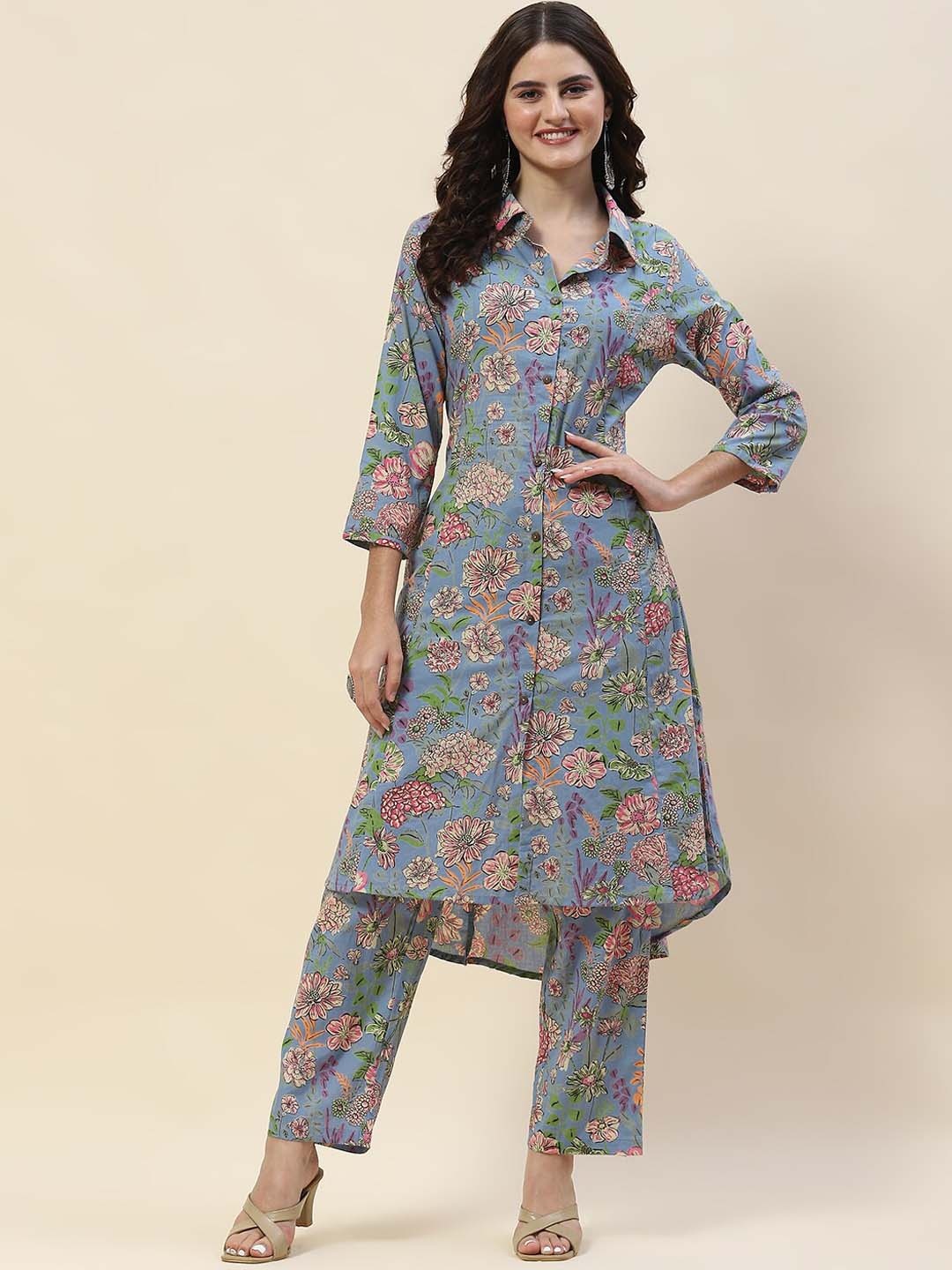 

Meena Bazaar Floral Printed Shirt Collar A-Line Kurta With Trouser, Blue