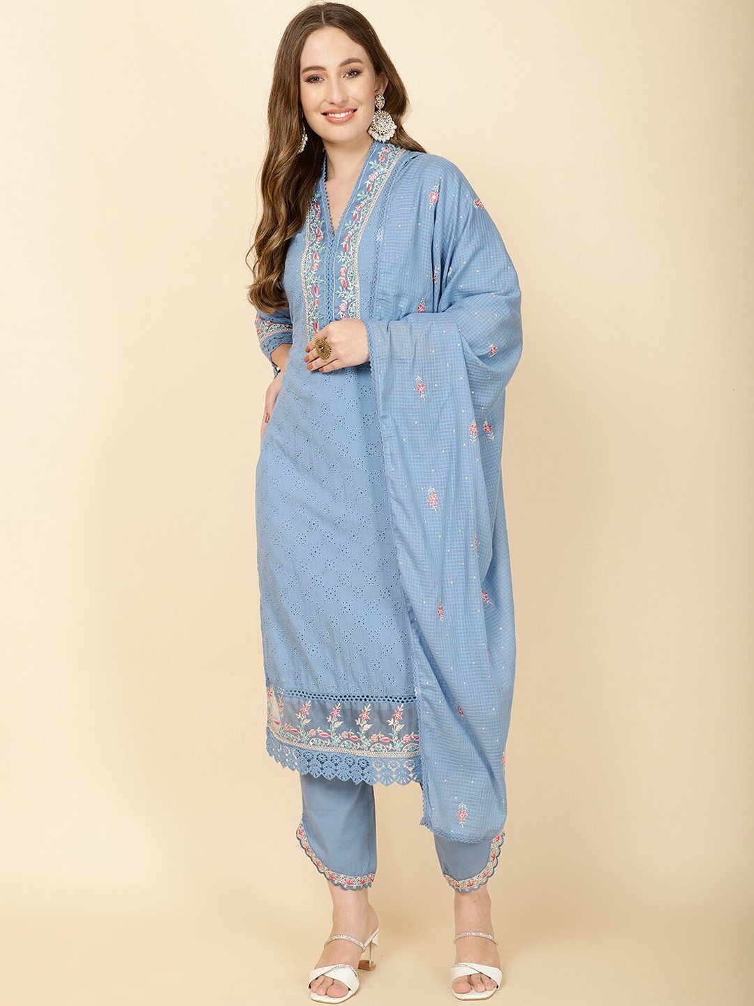

Meena Bazaar Floral Schiffli Embroidered Lace Work Kurta & Trouser With Dupatta, Blue