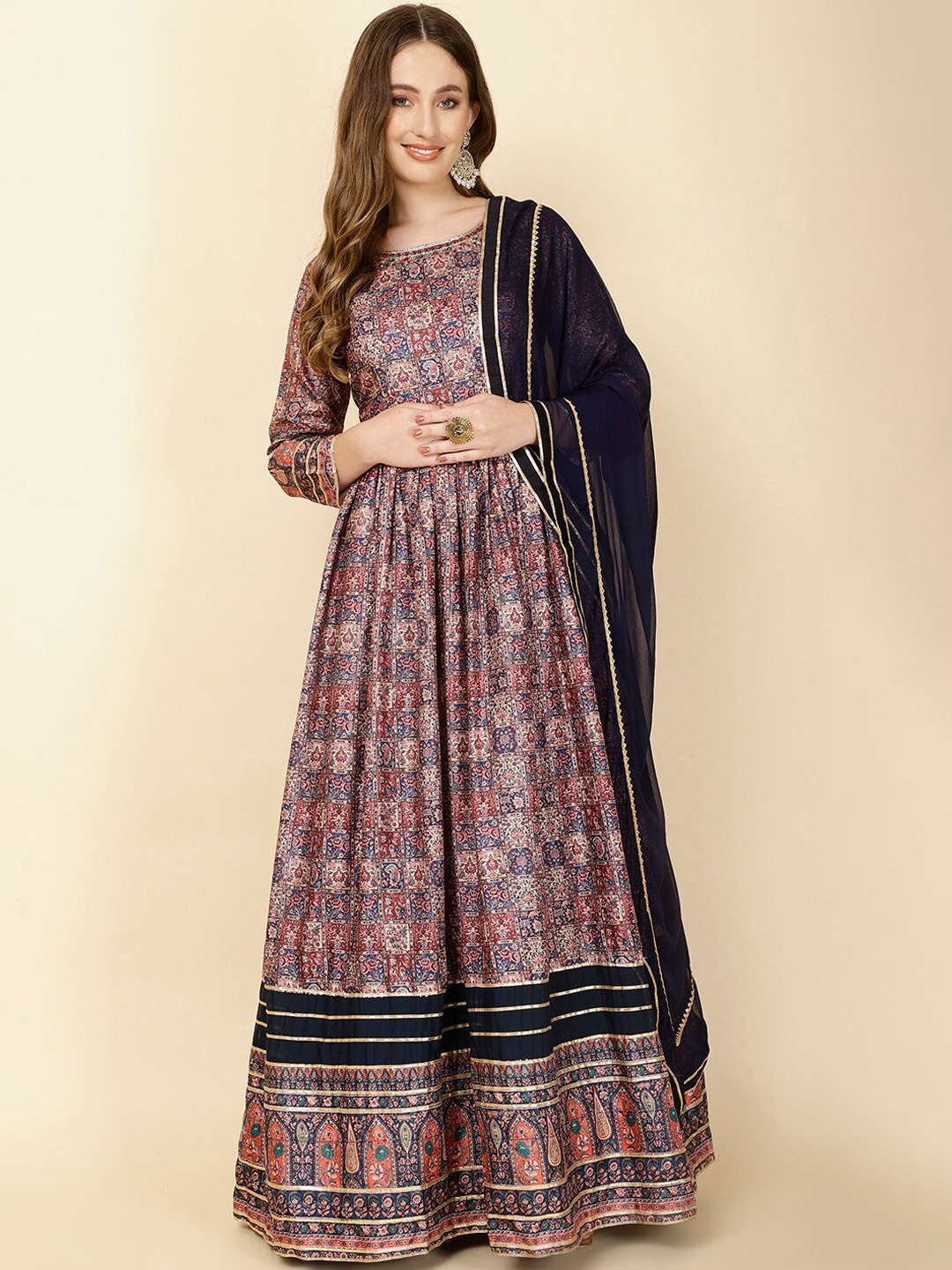 

Meena Bazaar Ethnic Motifs Print Round Neck Pleated Anarkali Kurta & Churidar With Dupatta, Navy blue