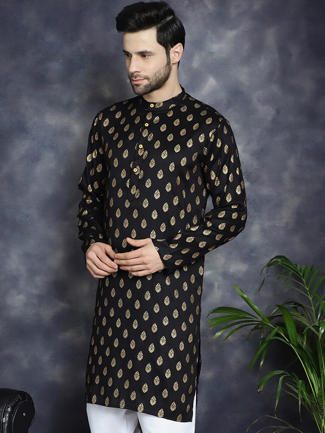 

Anouk Black Ethnic Motifs Printed Band Collar Kurta