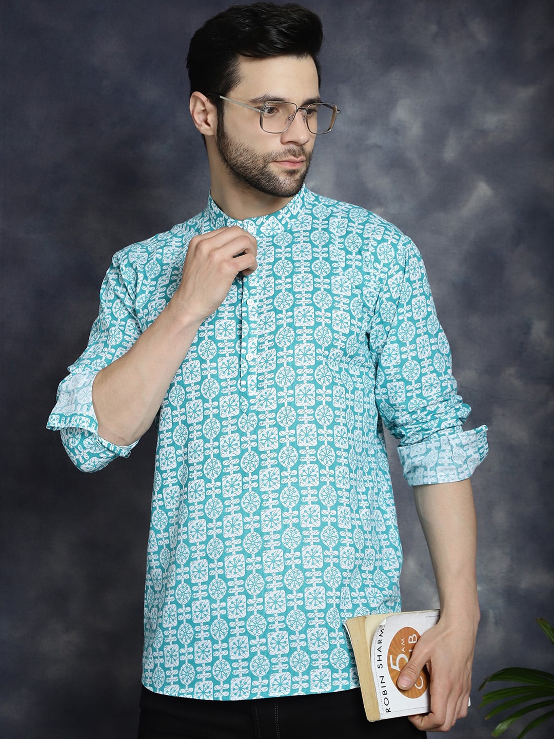 

Anouk Blue Ethnic Motifs Printed Band Collar Straight Short Kurta