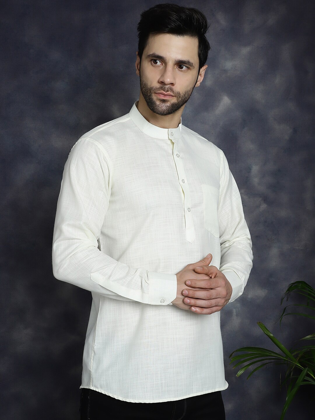 

Anouk White Band Collar Pure Cotton Straight Kurta, Off white
