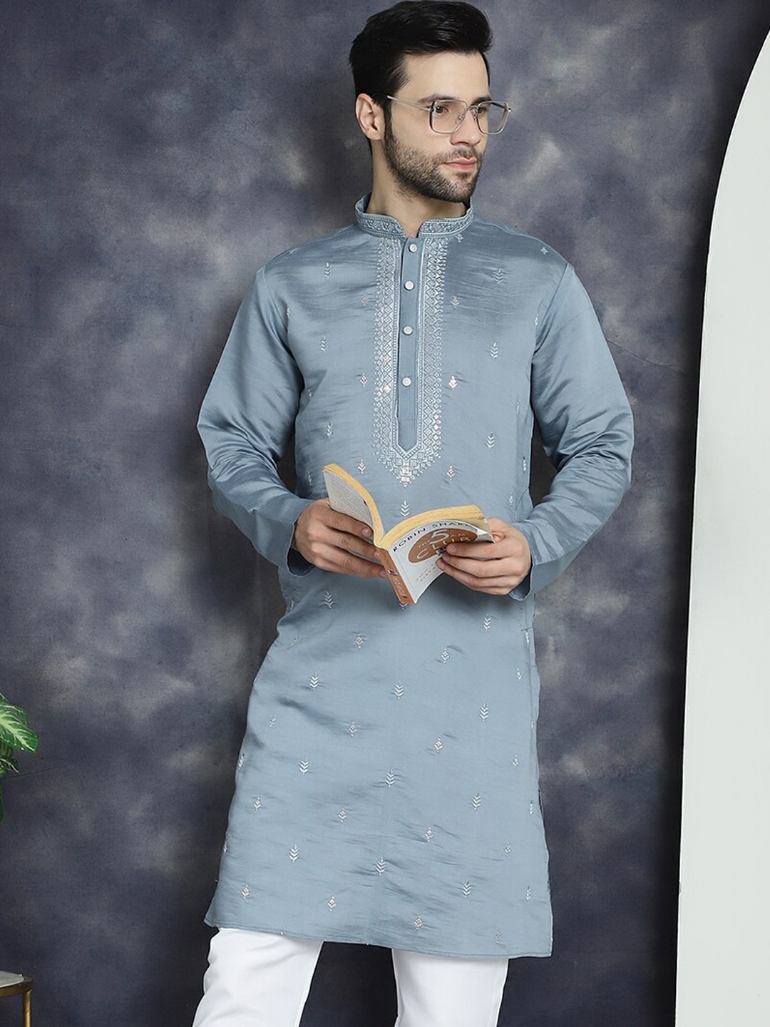 

Anouk Grey Ethnic Motifs Embroidered Mandarin Collar Straight Cotton Silk Kurta