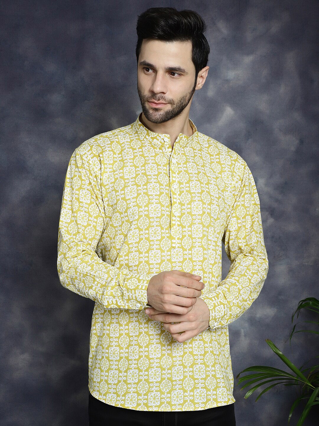 

Anouk Yellow Ethnic Motifs Printed Band Collar Straight Kurta