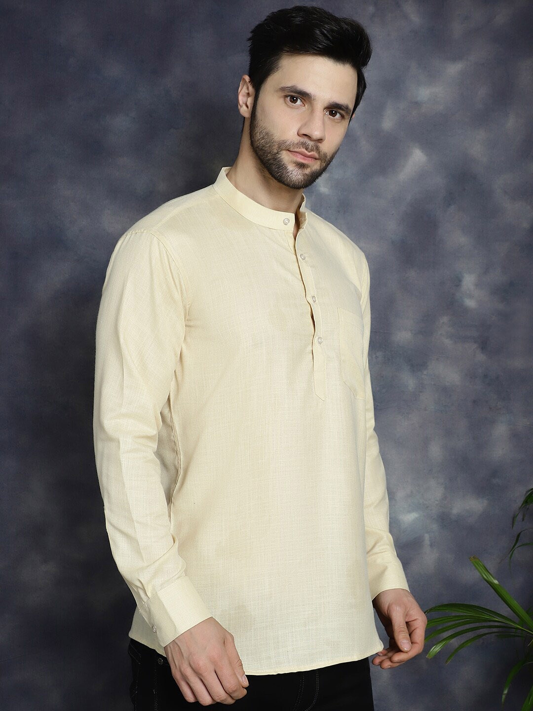 

Anouk Cream-Coloured Band Collar Pure Cotton Short Kurta