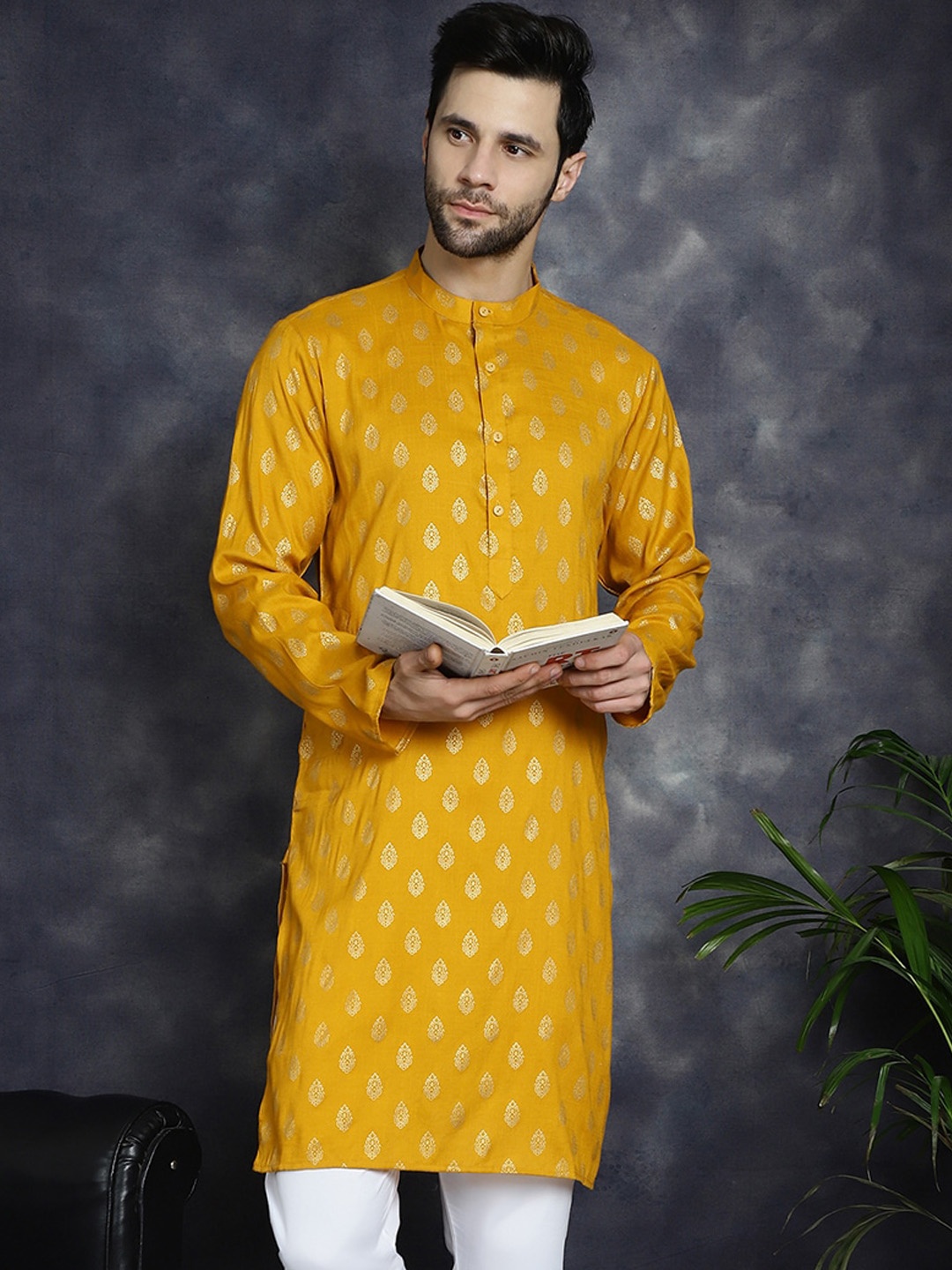 

Anouk Mustard Yellow Ethnic Motifs Printed Band Collar Straight Kurta