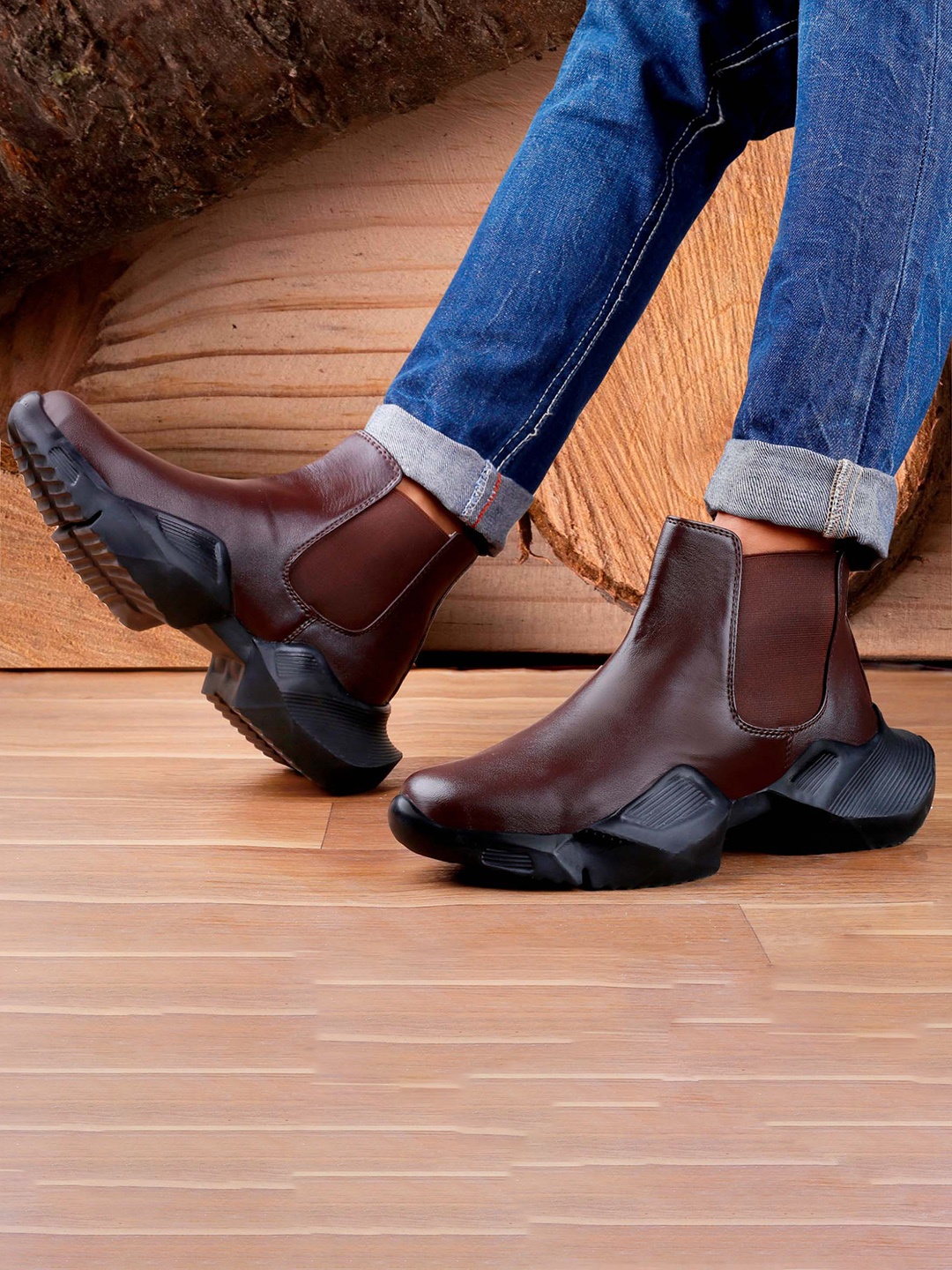

HERE&NOW Men Mid Top Chelsea Boots, Brown