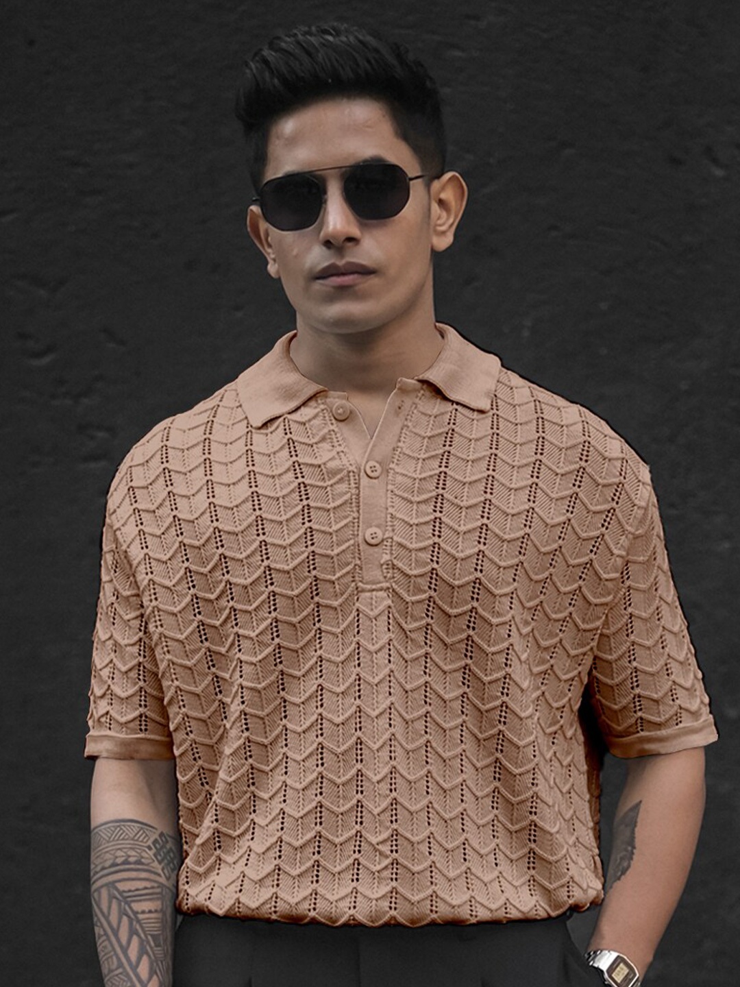 

Powerlook Beige Crochet Self Design Polo Collar T-shirt