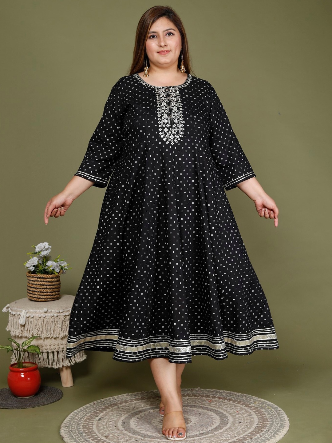 

KALINI Floral Print A-Line Midi Dress, Black