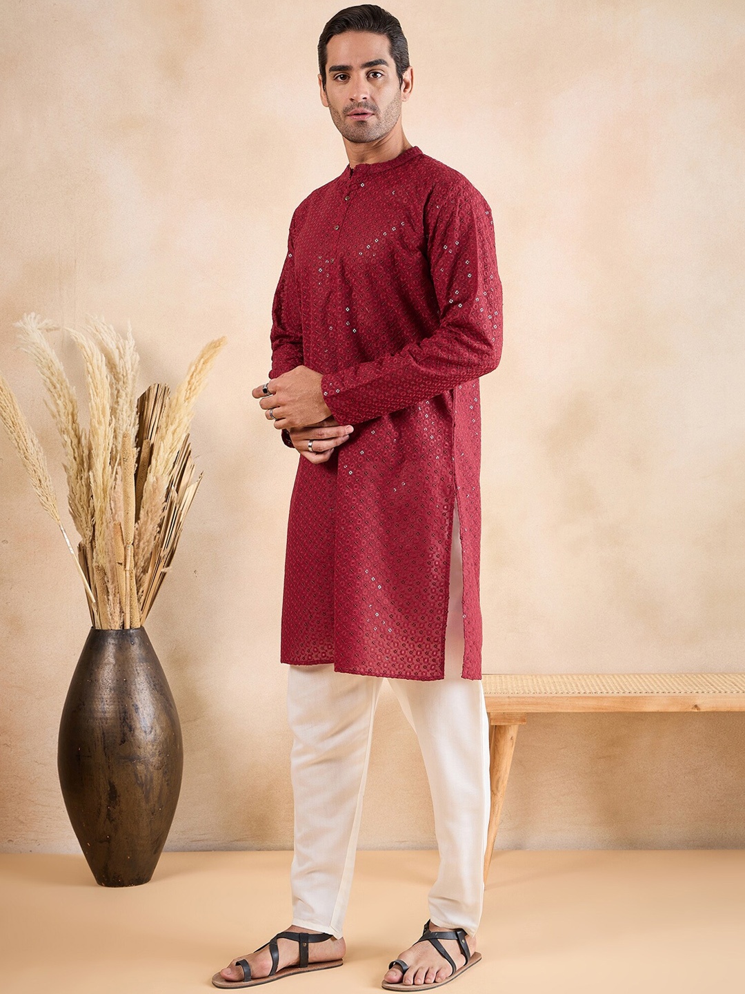 

Anouk Ethnic Motifs Embroidered Regular Chikankari Kurta with Pyjamas, Maroon