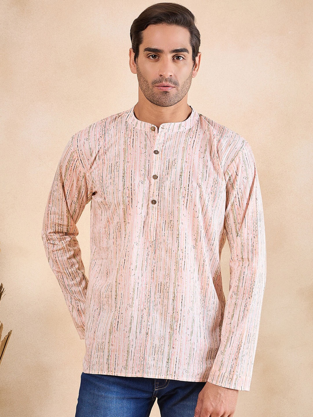 

Anouk Cream Coloured Striped Band Collar Pure Cotton Straight Kurta