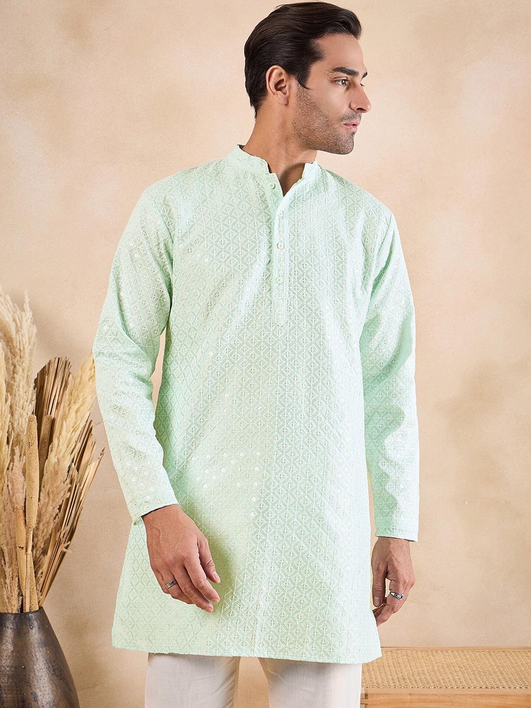 

Anouk Sea Green Mandarin Collar Sequined Chikankari Straight Kurta