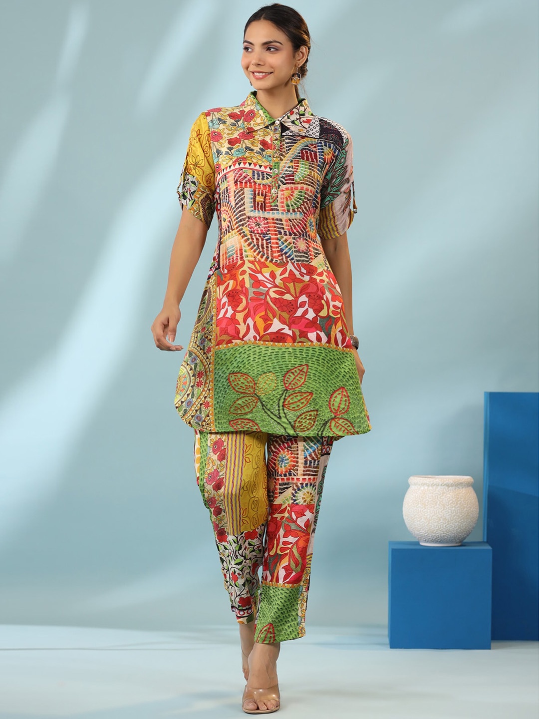 

JISORA Orange Coloured Floral Printed Pure Silk Tunic with Trousers